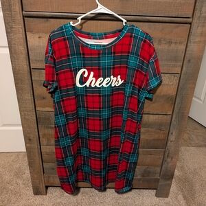 Red and Green Plaid Nightshirt with 'Cheers' Print